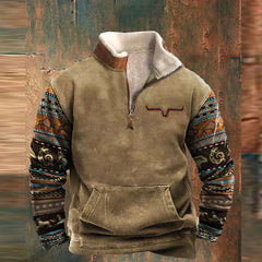 Men's Quarter-Zip Pullover | Sherpa-Collar Western-Print Relaxed Fit for Autumn & Winter Wear & Cold Weather Layering in Khaki