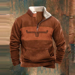 Men's Quarter-Zip Pullover | Sherpa-Collar Western-Print Relaxed Fit for Autumn & Winter Wear & Cold Weather Layering in Orange
