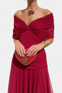 Women's A-Line Dress | V-Neck & Gathered Waist | Elegant Summer Occasion Wear | Voxeya in Red