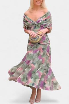Women's A-Line Dress | V-Neck & Gathered Waist | Elegant Summer Occasion Wear | Voxeya in Green and Purple