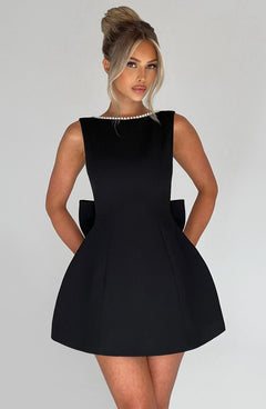 Women's A-Line Mini Dress | Pearl Trim & Bow Detail | Formal Cocktail Occasion | Voxeya in Black