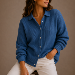 Women's Black Cardigan | Classic Collar &amp; Button-Up | Relaxed Fit Casual Wear | Voxeya in Blue