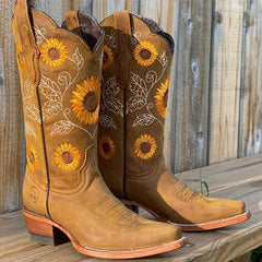 Women's Bohemian Leather Boots | Sunflower Pattern &amp; Comfortable Fit | Festival &amp; Casual Wear | Voxeya in Khaki