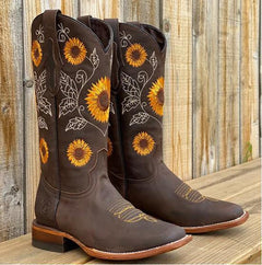 Women's Bohemian Leather Boots | Sunflower Pattern &amp; Comfortable Fit | Festival &amp; Casual Wear | Voxeya in Dark Brown