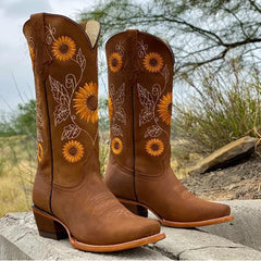 Women's Bohemian Leather Boots | Sunflower Pattern &amp; Comfortable Fit | Festival &amp; Casual Wear | Voxeya in Brown