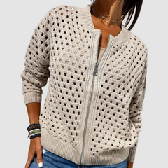Women's Cardigan | Elegant Zipper Closure &amp; Relaxed Fit | Soft Texture Layering | Grey | Voxeya in Beige