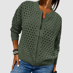 Women's Cardigan | Elegant Zipper Closure &amp; Relaxed Fit | Soft Texture Layering | Grey | Voxeya in Green