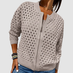 Women's Cardigan | Elegant Zipper Closure &amp; Relaxed Fit | Soft Texture Layering | Grey | Voxeya in Khaki