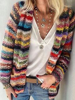 Women's Cardigan | Multicolour Striped & Open Front | Lightweight Layering in Red