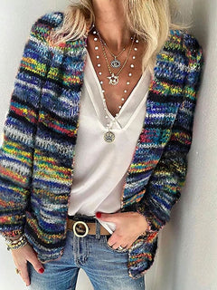 Women's Cardigan | Multicolour Striped & Open Front | Lightweight Layering in Blue