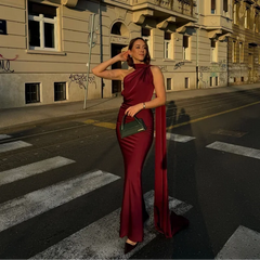 Women's Draped Dress | Long Length & Asymmetrical Shoulder Strap | Elegant Occasion Wear | Voxeya in Wine Red