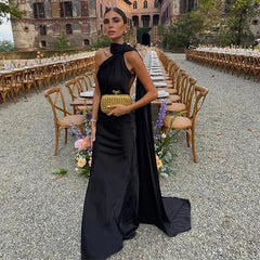 Women's Draped Dress | Long Length & Asymmetrical Shoulder Strap | Elegant Occasion Wear | Voxeya in Black