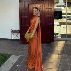 Women's Draped Dress | Long Length & Asymmetrical Shoulder Strap | Elegant Occasion Wear | Voxeya in Orange