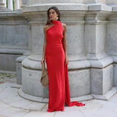 Women's Draped Dress | Long Length & Asymmetrical Shoulder Strap | Elegant Occasion Wear | Voxeya in Red