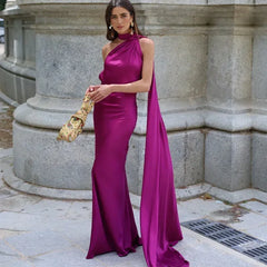 Women's Draped Dress | Long Length & Asymmetrical Shoulder Strap | Elegant Occasion Wear | Voxeya in Purple