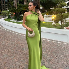 Women's Draped Dress | Long Length & Asymmetrical Shoulder Strap | Elegant Occasion Wear | Voxeya in Green