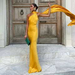 Women's Draped Dress | Long Length & Asymmetrical Shoulder Strap | Elegant Occasion Wear | Voxeya in Yellow