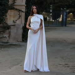 Women's Draped Dress | Long Length & Asymmetrical Shoulder Strap | Elegant Occasion Wear | Voxeya in White