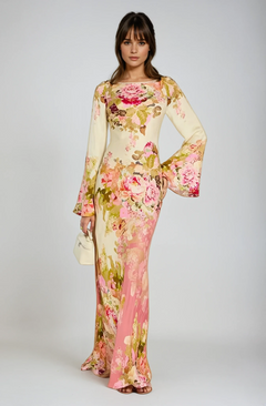 Women's Evening Dress | Floral Print & Bell Sleeves | Column Silhouette & Lightweight Fabric | Voxeya in Floral