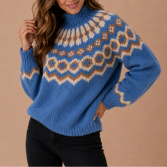 Women's Fair Isle Turtleneck Sweater | Nordic Pattern & Relaxed Fit | Cosy Winter Knitwear | Voxeya in Blue