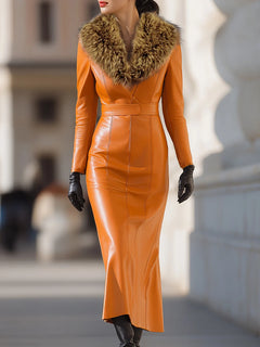Women's Faux Leather Maxi Dress | Fur Collar & Fitted Silhouette | Elegant Winter Style | Orange | Voxeya in Orange