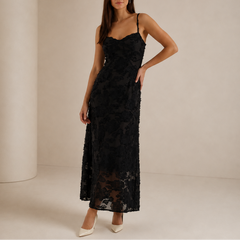 Women's Floral Lace Maxi Dress | Fitted Silhouette &amp; Sleeveless | Elegant Evening Wear | Voxeya in Black
