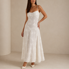 Women's Floral Lace Maxi Dress | Fitted Silhouette &amp; Sleeveless | Elegant Evening Wear | Voxeya in White