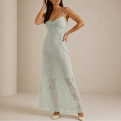 Women's Floral Lace Maxi Dress | Fitted Silhouette &amp; Sleeveless | Elegant Evening Wear | Voxeya in Green