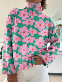 Women's Floral Turtleneck Sweater | Ribbed Knit & Relaxed Fit | Casual & Office Wear | Multicolor | Voxeya in Multicolor