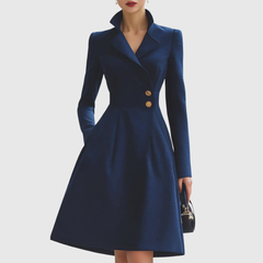 Women's Formal Dress | Tailored A-Line &amp; Structured Collar | Midi Length | Navy | Voxeya in Navy Blue