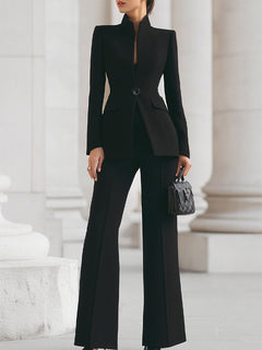 Women's Formal Pant Suit | High-Collar Blazer & Wide-Leg Trousers | Loose Fit & Durable Fabric | Navy | Voxeya in Black