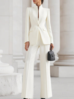 Women's Formal Pant Suit | High-Collar Blazer & Wide-Leg Trousers | Loose Fit & Durable Fabric | Navy | Voxeya in White
