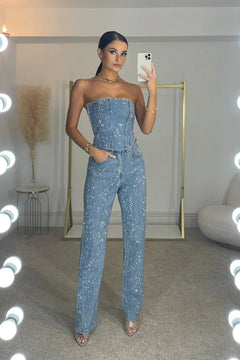 Women's Glitter Trousers | High-Waist &amp; Shimmering Top | Slim Fit Party Wear | Black | Voxeya in Denim