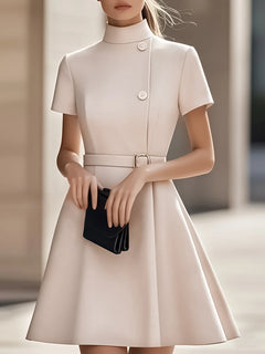 Women's High-Neck Dress | Belted Waist & Cotton Blend | Versatile Occasion Wear | Black | Voxeya in Ivory White