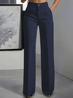 Women's High-Waist Straight-Leg Trousers | Elastic Waistband & Front Pleats | Tailored & Versatile | Voxeya in Dark Blue