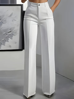Women's High-Waist Straight-Leg Trousers | Elastic Waistband & Front Pleats | Tailored & Versatile | Voxeya in White