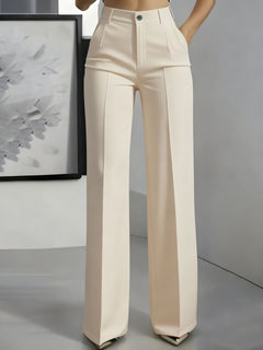 Women's High-Waist Straight-Leg Trousers | Elastic Waistband & Front Pleats | Tailored & Versatile | Voxeya in Apricot