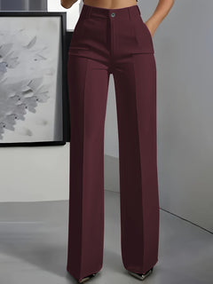Women's High-Waist Straight-Leg Trousers | Elastic Waistband & Front Pleats | Tailored & Versatile | Voxeya in Red