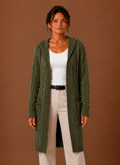 Women’s Hooded Cable Knit Cardigan | Longline & Open Front | Casual Layering | Voxeya in Green