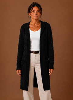 Women’s Hooded Cable Knit Cardigan | Longline & Open Front | Casual Layering | Voxeya in Black