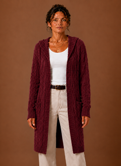 Women’s Hooded Cable Knit Cardigan | Longline & Open Front | Casual Layering | Voxeya in Burgundy