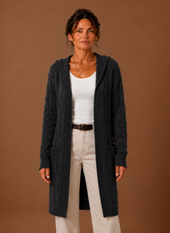 Women’s Hooded Cable Knit Cardigan | Longline & Open Front | Casual Layering | Voxeya in Gray