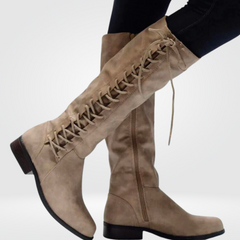 Women's Knee-High Boots | Comfortable Warm Lining & Low Block Heel | Autumn Winter Footwear | Black Beige Brown | Voxeya in Beige