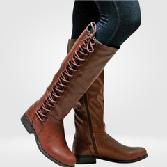 Women's Knee-High Boots | Comfortable Warm Lining & Low Block Heel | Autumn Winter Footwear | Black Beige Brown | Voxeya in Brown