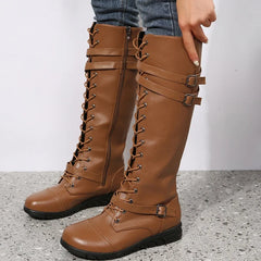 Women's Knee High Boots | Lace-Up & Buckle Straps | Flat Sole & Vegan Leather | Voxeya in Brown