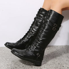 Women's Knee High Boots | Lace-Up & Buckle Straps | Flat Sole & Vegan Leather | Voxeya in Black