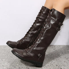 Women's Knee High Boots | Lace-Up & Buckle Straps | Flat Sole & Vegan Leather | Voxeya in Dark Brown
