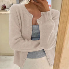 Women's Knit Cardigan | Button Front & Round Neckline | Relaxed Fit & Soft Texture | Voxeya in Beige
