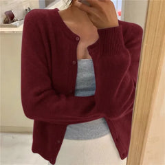 Women's Knit Cardigan | Button Front & Round Neckline | Relaxed Fit & Soft Texture | Voxeya in Red