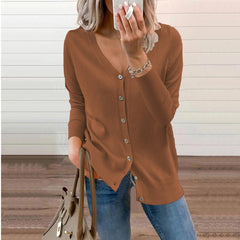 Women's Knit Cardigan | V-Neck & Full Button Front | Ribbed Cuffs & Relaxed Fit | Multi-Colour | Voxeya in Brown